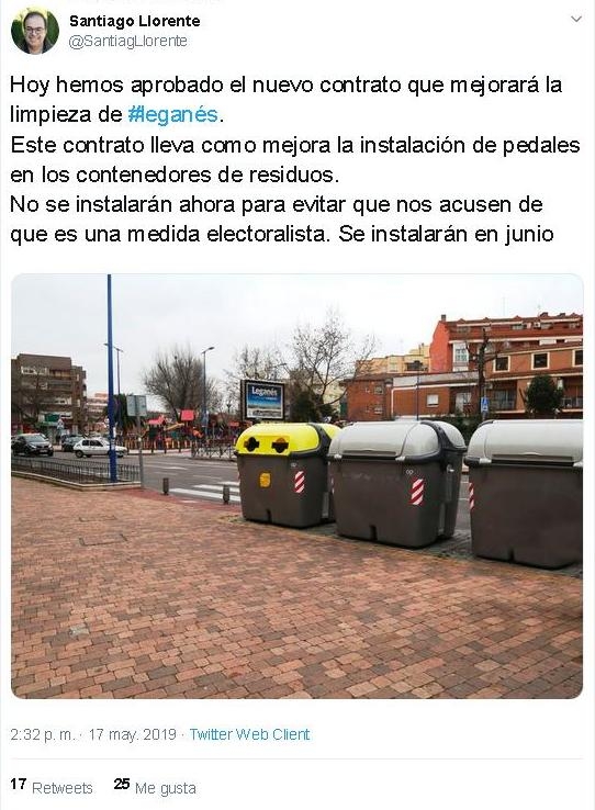 ULEG pide la dimisión del alcalde por incumplimir la promesa electoral de poner en junio los pedales de los contenedores de basura